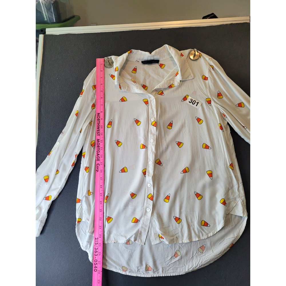 Jane + Delancey Womens L White Candy Corn Halloween Collared Long Sleeve Rayon